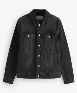 Front view of a buttoned men black denim jacket and women black denim jacket, a high-quality yet cheap black denim jacket for everyday wear.
