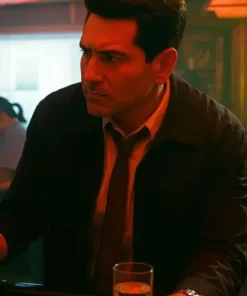 Jon Bernthal wearing a classic black jacket from His and Hers at America Jackets.