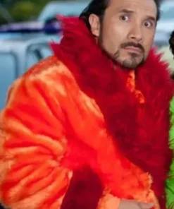 Luche Orange Fur Coat front-view display by America Jackets.