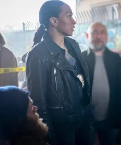 Kali Reis Mercy Leather Jacket featuring a rugged onyx finish and a premium tailored silhouette for a high-status cinematic look.