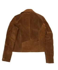 The back profile of a ladies tan biker jacket made from suede. This brown biker jacket shows detailed panel stitching and a flattering, tailored fit.