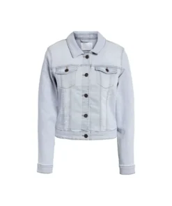 Front view of a classic light blue denim jean jacket for men, featuring a button-down closure and chest pockets in a stylish light blue wash.