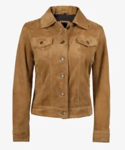 A classic light brown suede trucker jacket for men & women featuring a button-up front, pointed collar, and dual chest pockets in a slim-fit style.