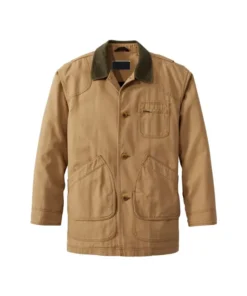 Front view of a rugged Men's Cotton Brown Jacket featuring a contrasting olive corduroy collar, three-button closure, and multiple utility pockets.