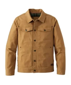 A rugged Mens Cotton Brown Trucker Jacket featuring a classic collar, button-down front, and dual chest pockets with a warm green plaid flannel lining.