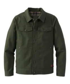 Front view of a durable Mens Cotton Green Trucker Jacket featuring a classic button-down design, chest pockets, and a warm plaid lining for a rugged look.
