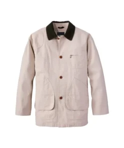 Front view of a Mens Stone Cotton Lined Jacket featuring a dark contrast corduroy collar, button-down closure, and utility pockets for a classic look.