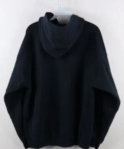 Back view of a black monster energy pullover showing the plain black fabric and hood design for a clean look.
