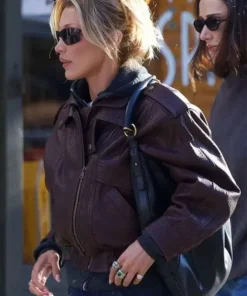 Side view of the NYC 2026 Bella Hadid brown leather jacket in chocolate brown at America Jackets.