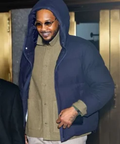 NYC Carmelo Anthony Puffer Hooded jacket featuring a full front-view.