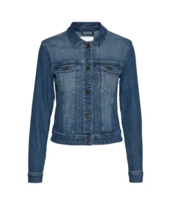 Front view of a classic navy blue denim jacket for men featuring a button-down closure, dual chest pockets, and a faded vintage wash finish.