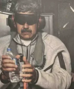 A close-up, slightly grainy photo of a man resembling Nicolás Maduro. He is wearing a grey Tech Fleece hoodie, black goggles, and large ear protection while holding a clear plastic water bottle.