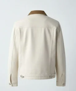 Back view of a high-quality Off White denim jacket with adjustable waist tabs and clean stitching, perfect for a modern jean jacket Off White denim style.