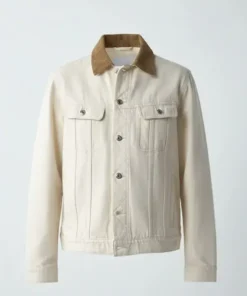 Front view of a premium Off White denim jacket for men & women featuring a brown corduroy collar, button closures, and classic Off White jeans jacket style.