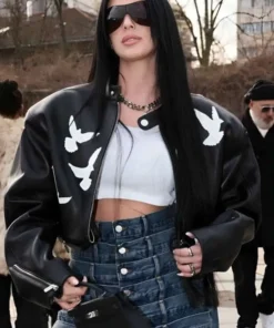 A full styling shot of the Camilla Araujo leather jacket from PFW 2026 available at America Jackets.