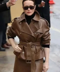 [PFW-2026-Claire-Foy-Brown-Leather-Jacket-Front-View] ALT Text: Front view of the PFW 2026 Claire Foy brown leather jacket from America Jackets.