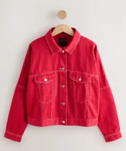 Front view of a vibrant Red Denim Jacket for men & women, a high-quality unisex denim jacket red featuring a classic button-down style.