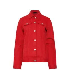 Front view of a vibrant Red Denim Jean Jacket for womens featuring classic silver buttons, chest pockets, and a tailored fit in a bold crimson wash.
