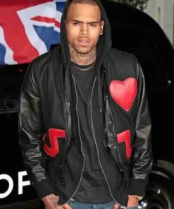 Chris Brown Black Bomber Jacket featuring the iconic red heart graphic on the chest and a premium heavy-weight finish.