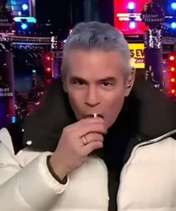 TV show host Andy Cohen wearing a reversible quilted down jacket with slim fit and smooth shell finish for winter