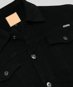 Close-up of a Men black Denim Jacket showing premium stitching and button details. A stylish Black denim style jacket for durable everyday wear.