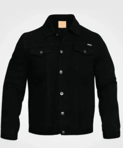 Front view of a Black Denim Jacket For Men & Women with silver buttons. A high-quality, cheap Black denim jacket suitable for any casual outfit.