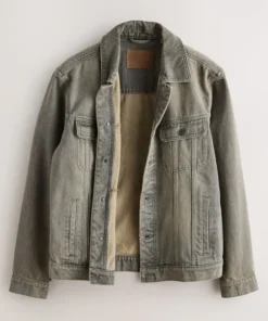 An open-style Unisex Grey Denim Jacket showing the internal texture and durable build, perfect as a cheap Grey denim jacket for layering.