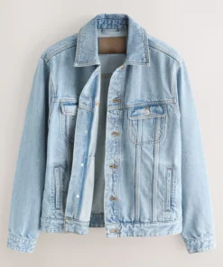 An open-style Men Light Blue Denim Jacket showing a relaxed fit. This Light Blue denim style jacket is perfect for layering over any casual outfit.