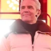 American TV host Andy Cohen style white and navy reversible quilted down jacket with slim fit and zip closure
