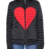 Red Heart Black Puffer Jacket featuring high-contrast crimson heart stitching and a premium insulated quilted finish.