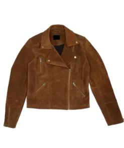Front view of a womens brown biker jacket in premium suede leather. This tan biker jacket features a classic asymmetric zip, lapels, and functional pockets.