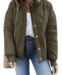 Front view of a stylish Army Green Dolman Quilted Jacket with buttons, a trendy oversized look inspired by the dolman quilted jacket free people.