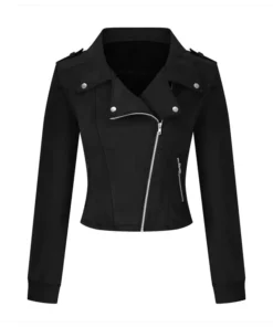 Front view of a stylish Womens suede black jacket in Black Suede Leather. This black leather suede jacket features a biker-style asymmetrical zipper.