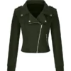Front view of a Women's Biker Green Suede Leather Jacket featuring a slim fit, asymmetrical zipper, and lapel collar. Perfect casual green suede leather jacket.