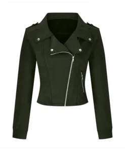 Front view of a Women's Biker Green Suede Leather Jacket featuring a slim fit, asymmetrical zipper, and lapel collar. Perfect casual green suede leather jacket.