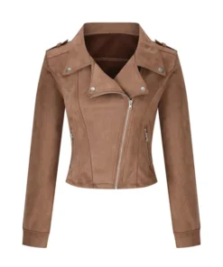 Front view of a Women's Biker Khaki Suede Jacket featuring a stylish asymmetrical zipper, notched lapels, and silver hardware for a modern biker khaki suede look.