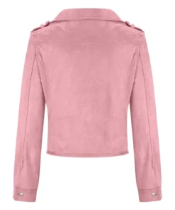 Back view of a woman's pink suede jacket showing the cropped length and tailored seams of this trendy pink jacket suede moto biker outwear.