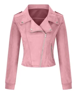 Front view of a pink suede jacket for women featuring a slim fit, long sleeves, and silver zippers in a stylish womens biker pink suede jacket design.