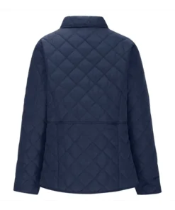 Back view of a Women's Cotton Navy Blue Quilted Jacket featuring a classic diamond stitch pattern and a comfortable, tailored fit for ladies.