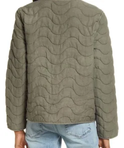 Back view of an olive green quilted jacket womens style featuring a wavy stitched pattern, crew neck design, and comfortable quilted cotton blend.