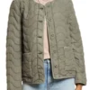 Front view of a Women's Quilted Green Jacket in olive green with a crew neck, button-down front, and cotton blend fabric for a stylish look.