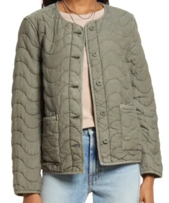 Front view of a Women's Quilted Green Jacket in olive green with a crew neck, button-down front, and cotton blend fabric for a stylish look.
