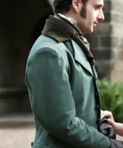 Wuthering Heights Edgar Linton Coat featuring a deep emerald green finish and a premium velvet-texture silhouette for a high-status profile.