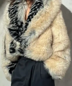 Front close up of Erin Andrews viral fur coat showing plush texture, collar detail, and black-smoke blend