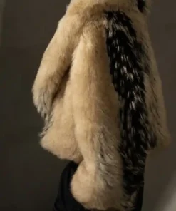 Erin Andrews viral fur coat inspired oversized plush winter coat in black and smoke mix look