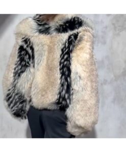 Back side view of Erin Andrews viral fur coat with oversized fit and plush black-smoke texture