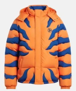 Front view of the Hypland x Digimon Greymon puffer jacket in orange at America Jackets.