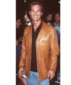 Matthew Mcconaughey Brown Leather Jacket featuring a front closure view.