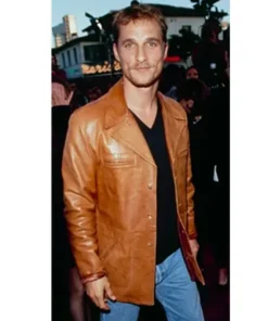 Matthew Mcconaughey Brown Leather Jacket in a full button-down design.