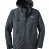 Front view of a black Summit Ice jacket with hood and logo. The Nathan For You Summit Ice jacket features multiple functional zippers and pockets.